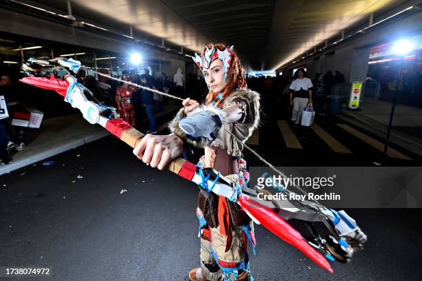 Cosplayer poses as Aloy from Horizon Zero Dawn during New York Comic Con 2023 - Day 4 at Javits Center on October 15, 2023 in New York City.