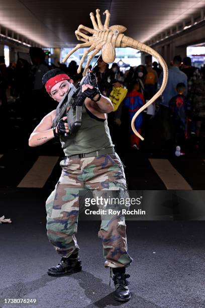 Cosplayer poses as Pvt. Vasquez from "Aliens" during New York Comic Con 2023 - Day 4 at Javits Center on October 15, 2023 in New York City.