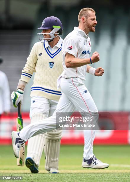 Nathan McAndrew of the Redbacks celebrates the wicket of Daniel Hughes of the Blues during the Sheffield Shield match between South Australia and New...
