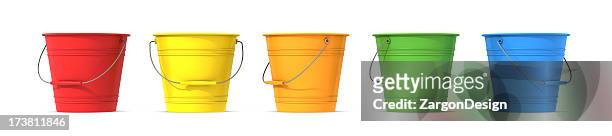 colorful metal buckets with handle - buckets stock pictures, royalty-free photos & images