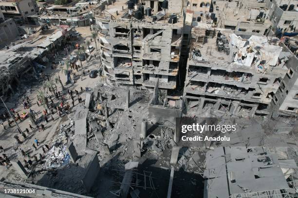 An aerial view of destruction after Israeli attack in Nuseirat camp, Gaza Strip on October 22, 2023. Photos show the extent of the damage in the area...