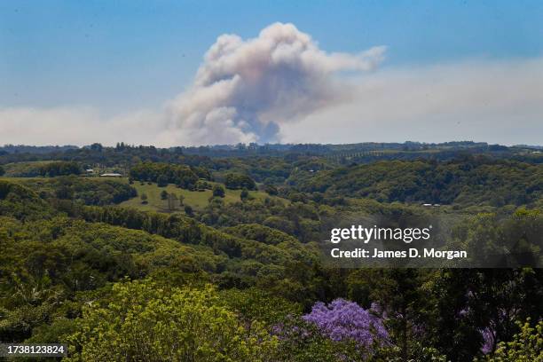 Smoke rising on the skyline beside Byron Bay as a huge grass fire rages and as smoke covers local areas as far away as Ballina on October 15, 2023 in...