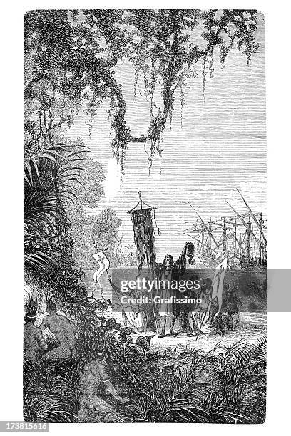 ilustraciones, imágenes clip art, dibujos animados e iconos de stock de cristóbal colón landing en estados unidos - christopher columbus natives