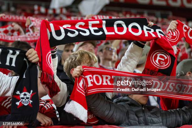 Fans of Fortuna Duesseldorf with flag, banner during the Second Bundesliga match between Fortuna Düsseldorf and 1. FC Kaiserslautern at Merkur...