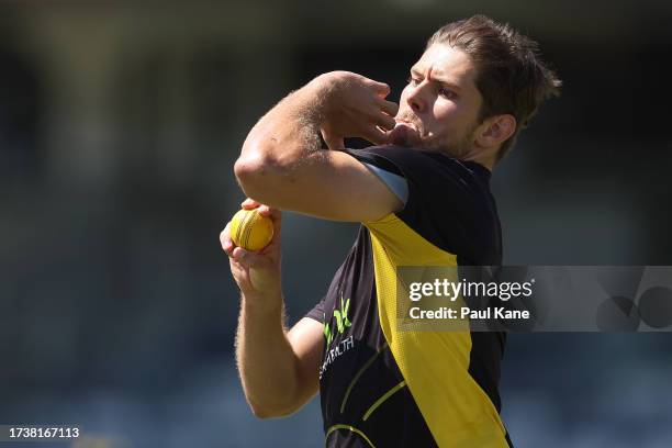 Aaron Hardie of Western Australia warms up before Day 2 of the Sheffield Shield match between Western Australia and Tasmania at the WACA, on October...