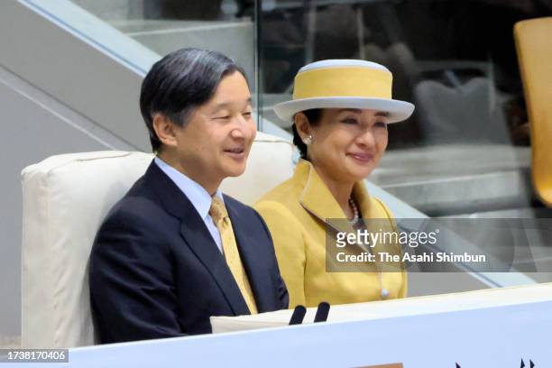Emperor Naruhito and Empress Masako attend the opening ceremony of the National Cultural Festival at the Ishikawa Sports Center on October 15, 2023...