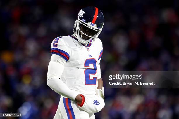 Tyrod Taylor of the New York Giants looks on in the second quarter of a game against the Buffalo Bills at Highmark Stadium on October 15, 2023 in...