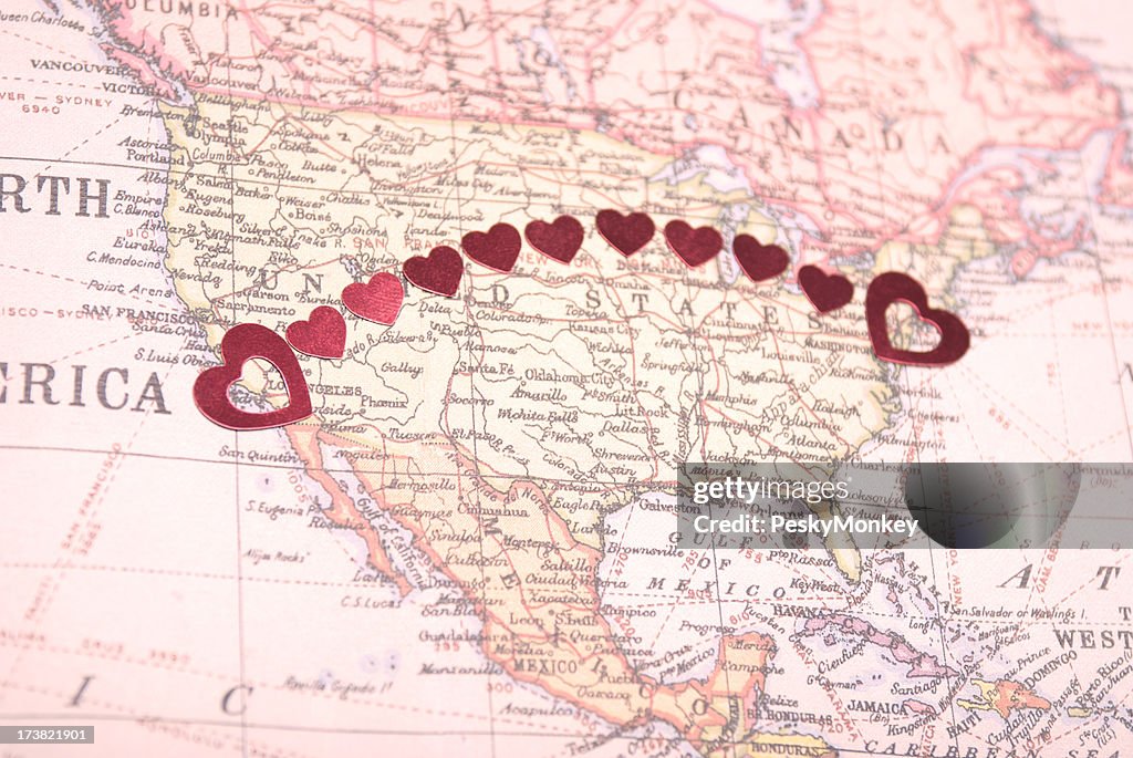 Bicoastal Coast-to-Coast American Romance Hearts on Map