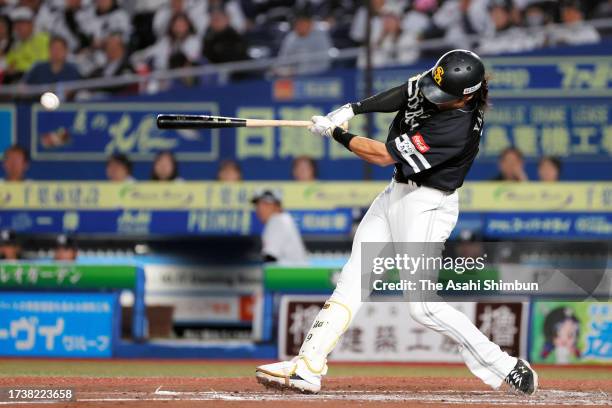 Yuki Yaagita of the Fukuoka SoftBank Hawks hits a RBI double in the 3rd inning against Chiba Lotte Marines during the Pacific League Climax Series...