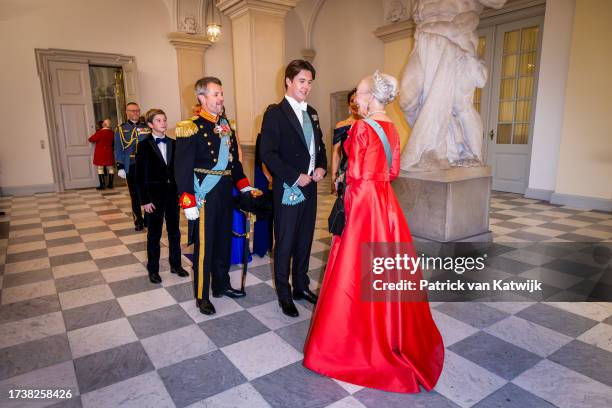 Prince Vincent of Denmark, Crown Prince Frederik of Denmark, Prince Christian of Denmark and Queen Margrethe of Denmark attend the gala diner to...