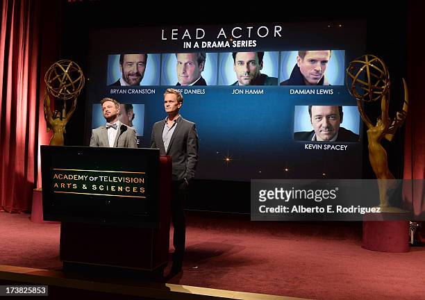 Actors Aaron Paul and Neil Patrick Harris announce the nominees for the Outstanding Lead Actor in a Drama Series Award during the 65th Primetime Emmy...