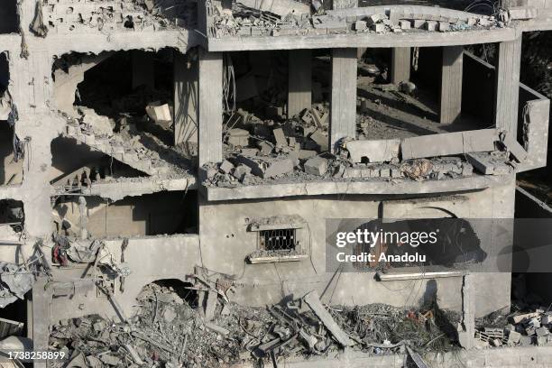 View of destruction after Israeli warplanes hit a building in Rafah, Gaza on October 22, 2023. Search and rescue efforts by civil defense teams and...