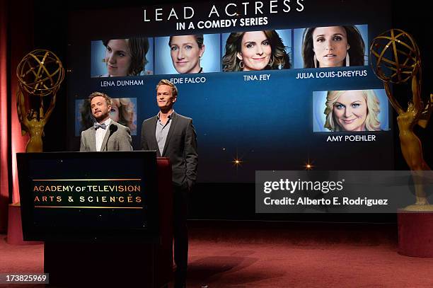 Actors Aaron Paul and Neil Patrick Harris announce the nominees for the Outstanding Lead Actress in a Comedy Series Award during the 65th Primetime...