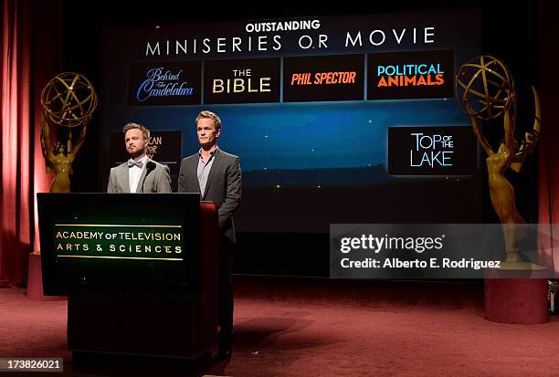 Actors Aaron Paul and Neil Patrick Harris announce the nominees for the Outstanding Miniseries or TV Movie Award during the 65th Primetime Emmy...