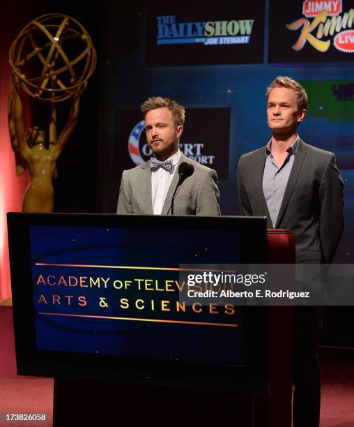 Actors Aaron Paul and Neil Patrick Harris announce the nominees for the Outstanding Variety, Music, or Comedy Special Award during the 65th Primetime...