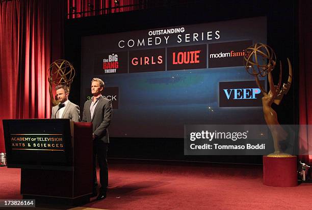 Actors Aaron Paul and Neil Patrick Harris announce the nominees for the Outstanding Comedy Series Award during the 65th Primetime Emmy Awards...