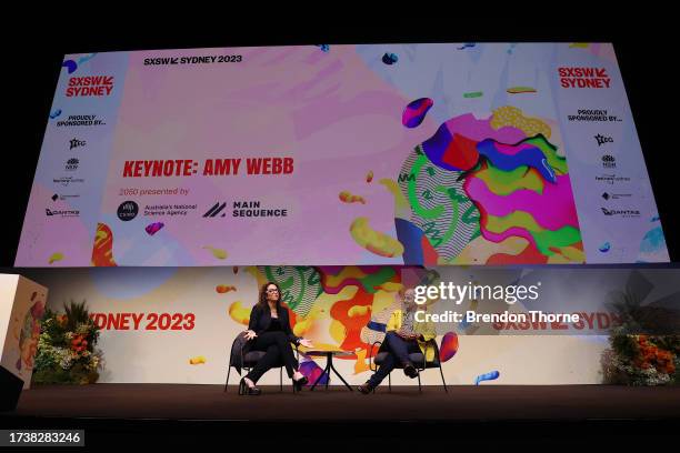 Amy Webb, CEO of the Future Today Institute speaks alongside Adam Spencer during her keynote conversation at SXSW Sydney on October 16, 2023 in...