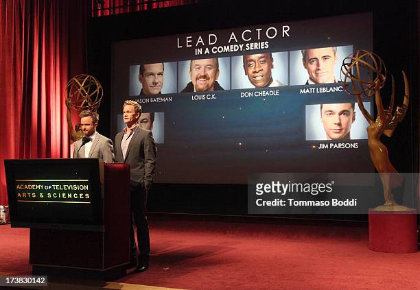 Actors Aaron Paul and Neil Patrick Harris announce the nominees for the Outstanding Lead Actor in a Comedy Series Award during the 65th Primetime...