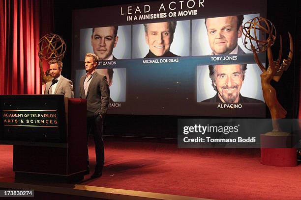 Actors Aaron Paul and Neil Patrick Harris announce the nominees for the Outstanding Lead Actor in a Miniseries or Movie Award during the 65th...