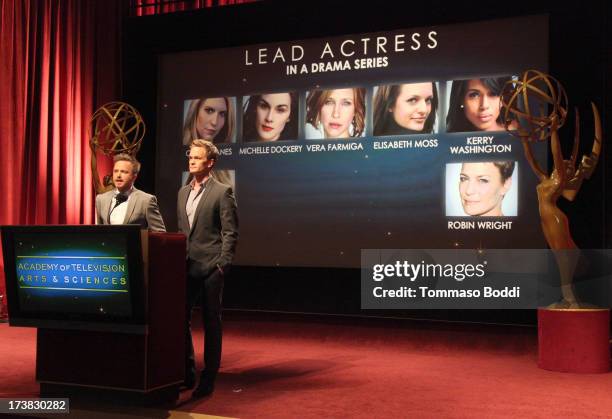 Actors Aaron Paul and Neil Patrick Harris announce the nominees for the Outstanding Lead Actress in a Drama Series Award during the 65th Primetime...