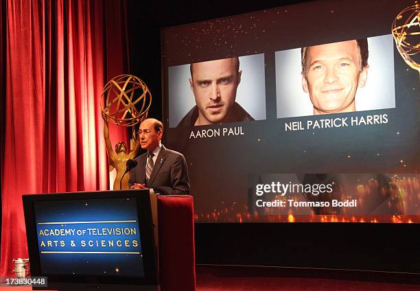 Academy of Television Arts & Sciences Outgoing President & CEO Alan Perris speaks during the 65th Primetime Emmy Awards nominations at the Television...