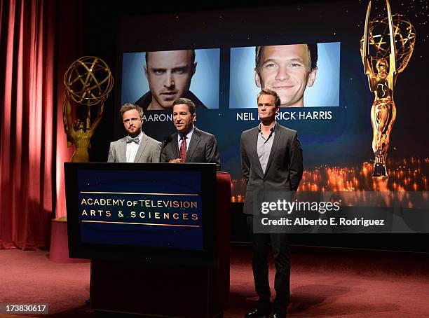 Actor Aaron Paul, Academy of Television Arts & Sciences Chairman & CEO Bruce Rosenblum and actor Neil Patrick Harris announce the nominees for the...