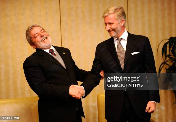 Belgian Prince Philippe welcomes Brazilian President Luiz Inacio Lula da Silva during "High level business forum Brazil and Belgium New Frontiers for...