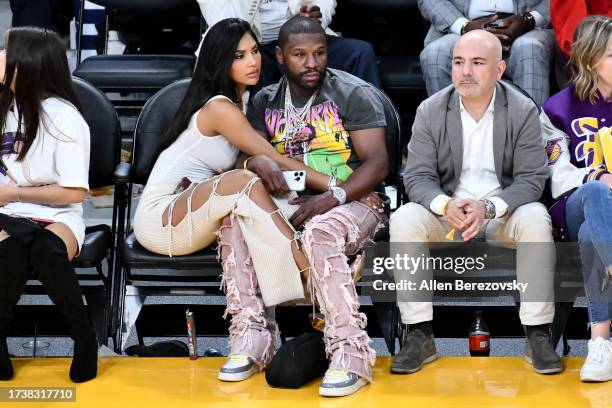 Floyd Mayweather Jr. Attends a basketball game between the Los Angeles Lakers and the Milwaukee Bucks at Crypto.com Arena on October 15, 2023 in Los...