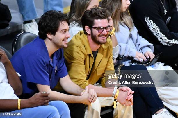 Andrew Garfield attends a basketball game between the Los Angeles Lakers and the Milwaukee Bucks at Crypto.com Arena on October 15, 2023 in Los...