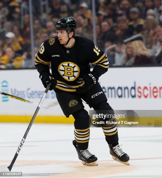 Johnny Beecher of the Boston Bruins skates against the Nashville Predators during the first period at the TD Garden on October 14, 2023 in Boston,...