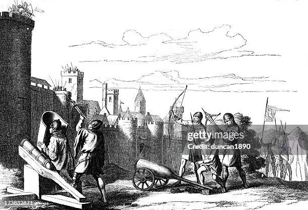 medieval siege warfare - hundred years war stock illustrations
