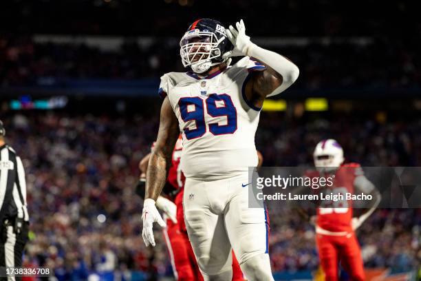 Leonard Williams of the New York Giants reacts during the game against the Buffalo Bills at Highmark Stadium on October 15, 2023 in Orchard Park, New...