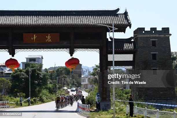 General view of the peloton passing through a landscape during the 4th Gree-Tour of Guangxi 2023, Stage 5 a 209.6km stage from Liuzhou to Guilin /...