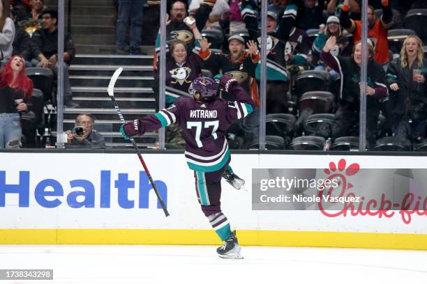 Frank Vatrano of the Anaheim Ducks celebrates a hat trick during the game against the Carolina Hurricanes at Honda Center on October 15, 2023 in...