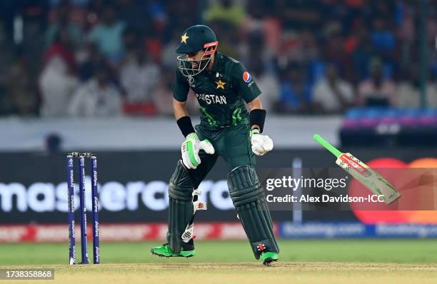 Mohammad Rizwan of Pakistan loses control of his bat during the ICC Men's Cricket World Cup match between Sri Lanka and Pakistan at Rajiv Gandhi...