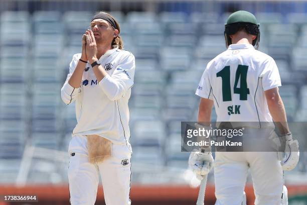Corey Rocchiccioli of Western Australia reacts during Day 2 of the Sheffield Shield match between Western Australia and Tasmania at the WACA, on...