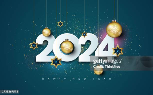 frohes neues jahr 2024 wünscht hintergrund mit weihnachtskugel - neujahr glück stock-grafiken, -clipart, -cartoons und -symbole
