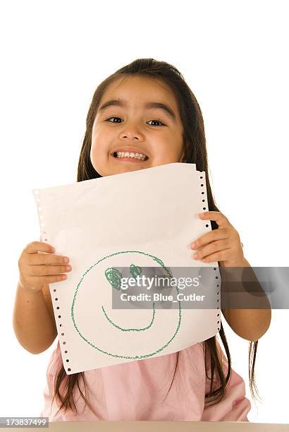 little girl showing crayon drawing - children drawing white background bildbanksfoton och bilder