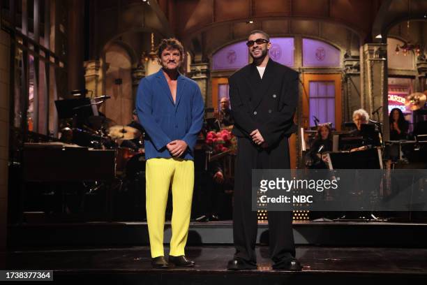 Bad Bunny" Episode 1846 -- Pictured: Pedro Pascal and host Bad Bunny during the Monologue on Saturday, October 21, 2023 --