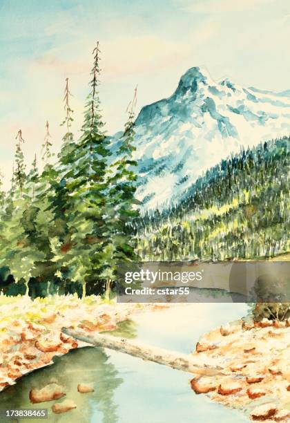 original art mountain scene - mountain stream stock illustrations