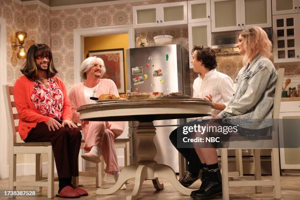 Bad Bunny" Episode 1846 -- Pictured: Host Bad Bunny as Tia, Pedro Pascal as Mama, Marcello Hernandez, and Chloe Troast during the "Protective Mom 2"...