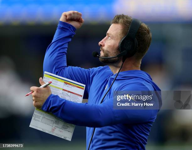 Head coach Sean McVay of the Los Angeles Rams celebrates a touchdown during a 26-9 win over the Arizona Cardinals at SoFi Stadium on October 15, 2023...