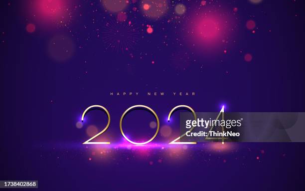 stockillustraties, clipart, cartoons en iconen met 2024 happy new year elegant design - vector illustration of golden 2024 logo numbers on purple background - happy new month