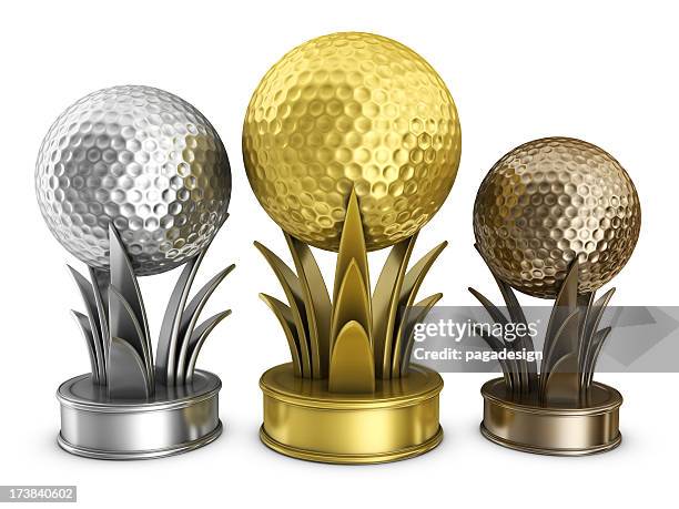 gold golf podium awards - golf championship stock pictures, royalty-free photos & images