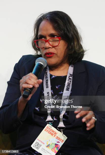 Cathy Freeman speaks during the Sport as a Metaphor for Life panel discussion at SXSW Sydney on October 16, 2023 in Sydney, Australia.