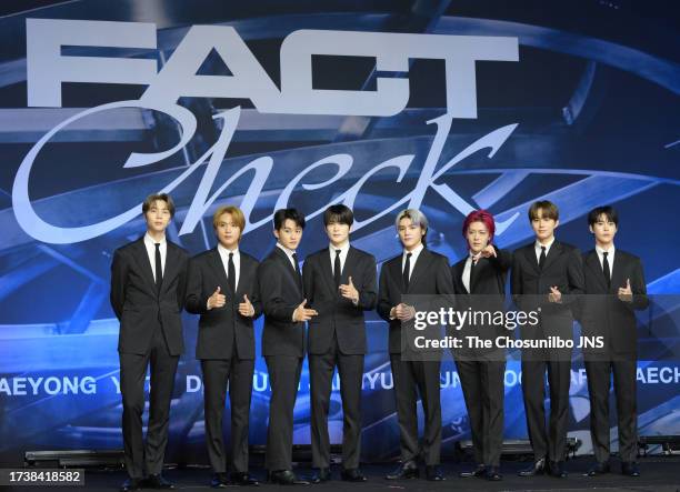 Pop boy group, NCT 127, attends the press conference for their 5th studio album 'Fact Check' at CONRAD Seoul on October 06, 2023 in Seoul, South...