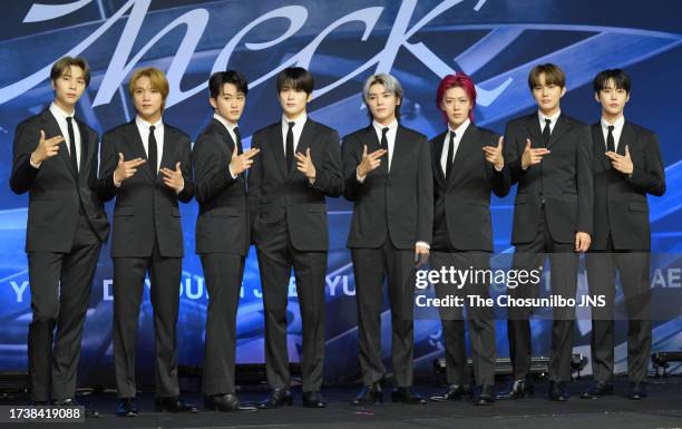 Pop boy group, NCT 127, attends the press conference for their 5th studio album 'Fact Check' at CONRAD Seoul on October 06, 2023 in Seoul, South...