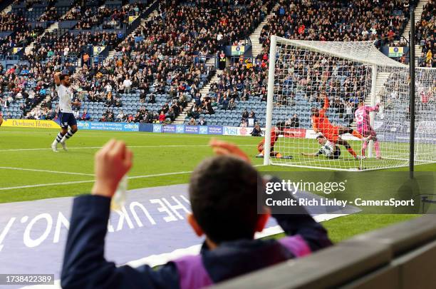 Ball boy reacts as Preston North End's Robbie Brady just fails to connect with a ball which fizzes across the face of the Millwall goal during the...