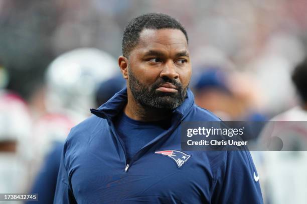 Linebackers coach Jerod Mayo of the New England Patriots looks on before a game against the Las Vegas Raiders at Allegiant Stadium on October 15,...