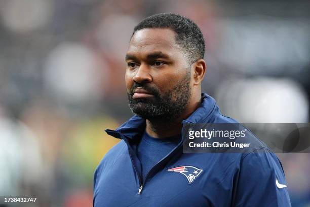 Linebackers coach Jerod Mayo of the New England Patriots looks on before a game against the Las Vegas Raiders at Allegiant Stadium on October 15,...